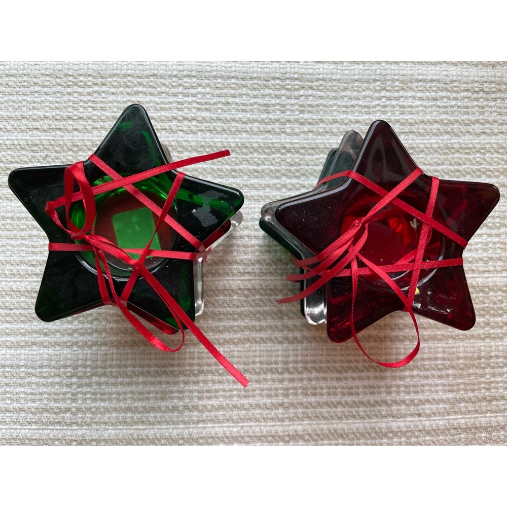 Crate & Barrel glass star candle holders. Red, green and clear. NWT